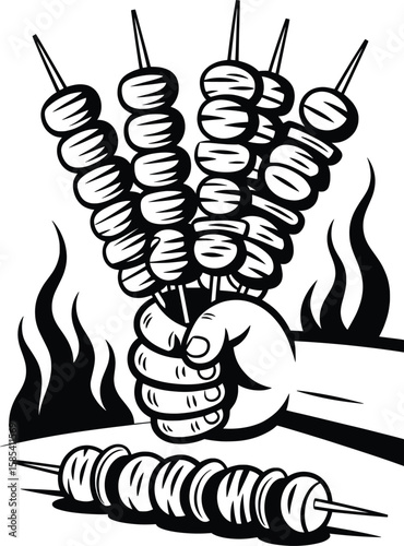 Grilled Kebab Skewers Illustration, Hand Holding BBQ Stick Drawing.

