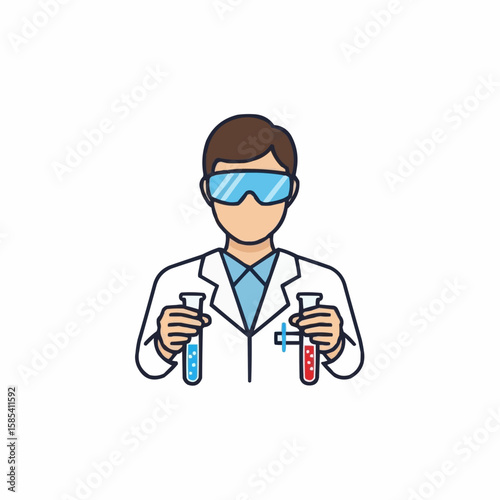 An icon of a scientist in safety goggles holding two bubbling test tubes.