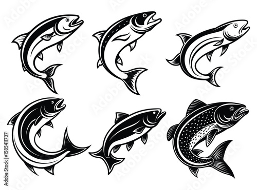 Jumping Bass Fish Silhouette Vector – Sport Fishing Emblem for Outdoor Apparel and Logos.