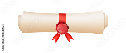3d diploma scroll icon. Diploma with wax seal. Roll paper with red ribbon.