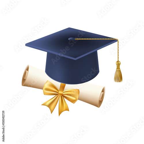 3d diploma scroll with graduate hat. Vintage roll paper
