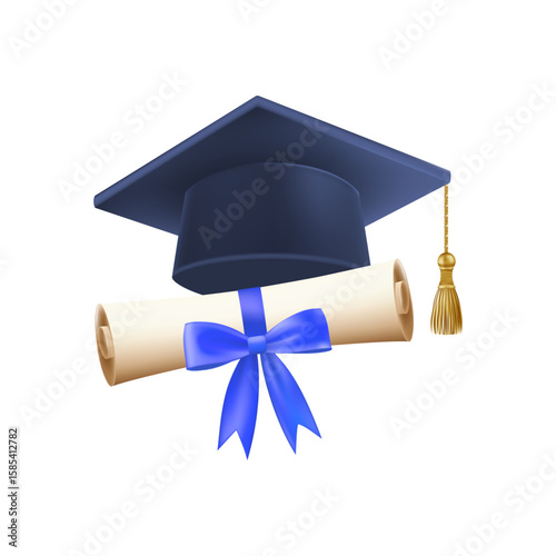 3d diploma scroll with graduate hat. Vintage roll paper