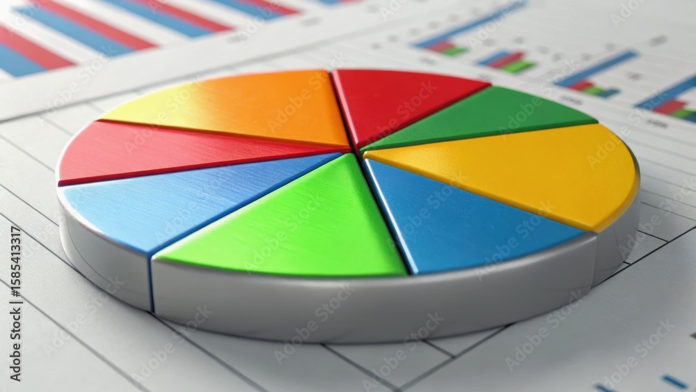 Fototapeta premium Colorful pie chart on a financial report, representing data analysis and statistics visually.