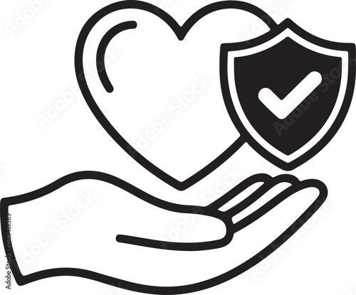 Hand holding a heart protected by a shield with a checkmark icon