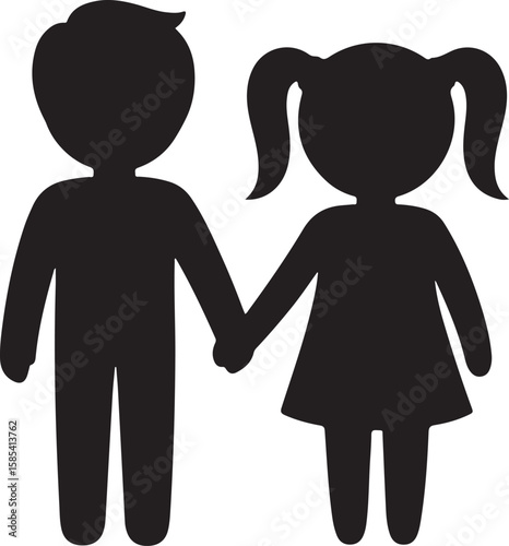 Silhouette of a boy and girl holding hands on a white background