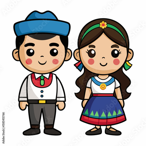 Adorable Cartoon of a Boy and Girl in Traditional Folk Costumes
