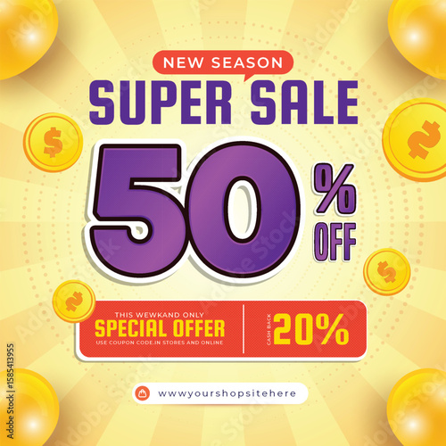 Super sale 50 percent off special weekend offer. Special offer promotion. Sale sticker, banner or badge label for sale marketing campaign and cash back, coupon, vector illustration editable template