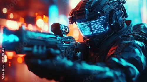 Futuristic soldier aiming with a rifle in a neon city at night