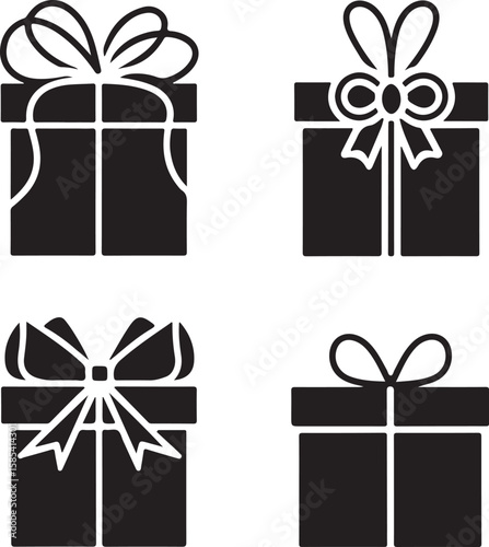 Collection of four black silhouette gift boxes with bows on a white background