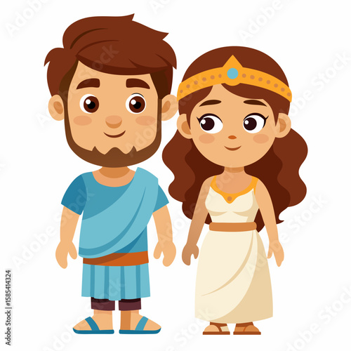 Adorable Cartoon Greek Couple in Ancient Clothing