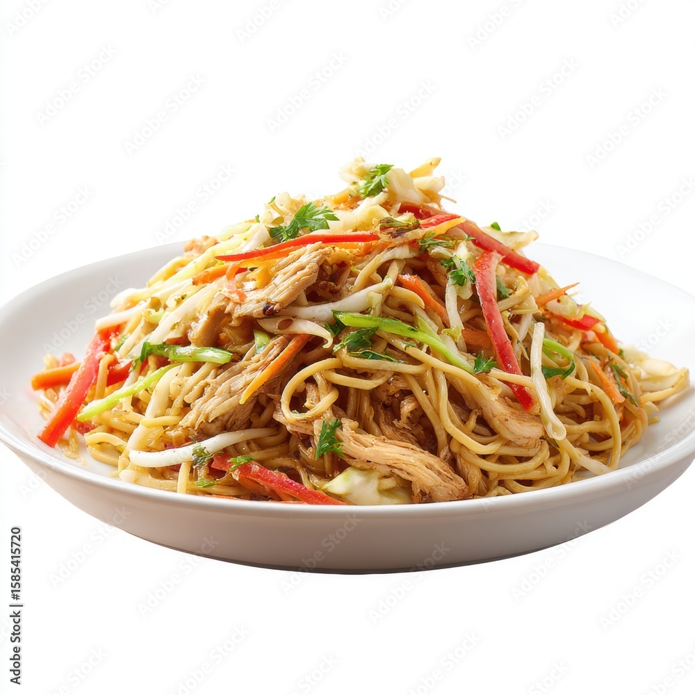 Crispy stir-fried noodles with shredded chicken, colorful vegetables, and fresh herbs served on a white plate, showcasing an Asian-inspired casual meal. Crispy stir-fried noodles with shredded chicken, colorful vegetables, and fresh herbs served on a white plate, showcasing an Asian-inspired casual meal.