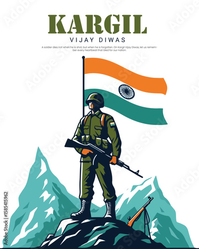 Kargil Vijay Diwas tribute design honoring Indian Army's bravery and sacrifice. Perfect for patriotic themes, military remembrance, and national days.
