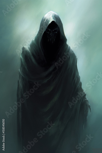 Hooded skeletal figure stand in mist. Eerie atmosphere of death and mystery.