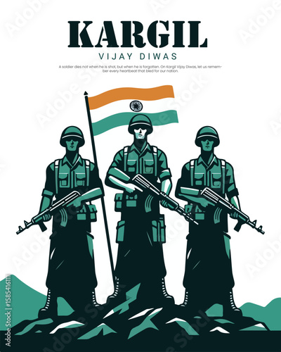 Kargil Vijay Diwas tribute design honoring Indian Army's bravery and sacrifice. Perfect for patriotic themes, military remembrance, and national days.

