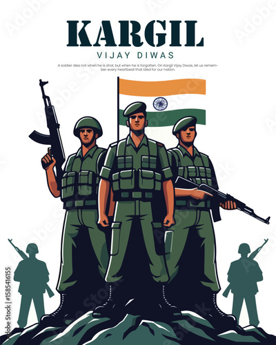 Kargil Vijay Diwas tribute design honoring Indian Army's bravery and sacrifice. Perfect for patriotic themes, military remembrance, and national days.
