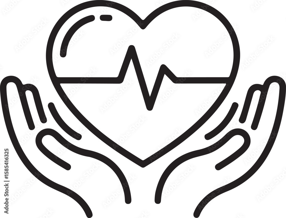 Hands cradling a heart with a heartbeat line inside representing health and care Hands cradling a heart with a heartbeat line inside representing health and care
