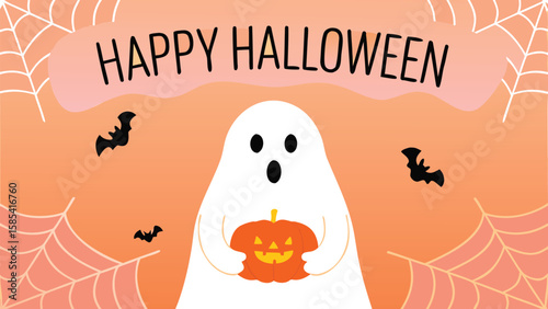 Illustration of a ghost holding a pumpkin with bats and spiderwebs for happy halloween background design