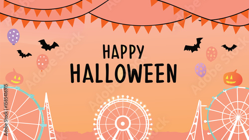 Happy halloween scene with ferris wheels, bats, pumpkins, balloons, and orange pennant banner decoration