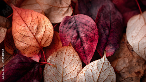 closeup of vibrant autumn leaves in rich red and orange tones with dry textures and moody lighting