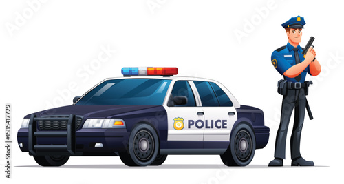 Police officer in uniform standing next to a patrol car holding a gun. Vector cartoon illustration
