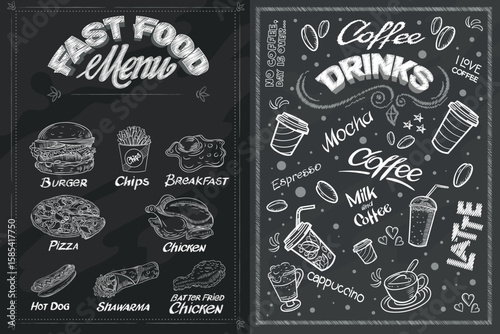 Set of chalk drawings on two boards, Fast food and Coffee drinks.