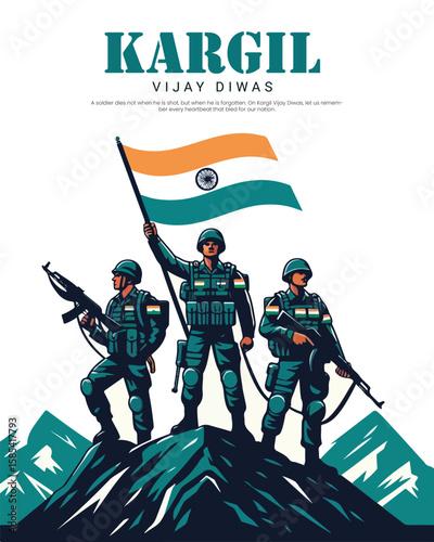 Kargil Vijay Diwas tribute design honoring Indian Army's bravery and sacrifice. Perfect for patriotic themes, military remembrance, and national days.

