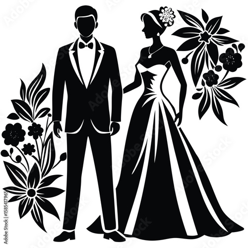 Vector Silhouette of People Celebrating a Wedding Ceremony in Various Poses (Set 2)