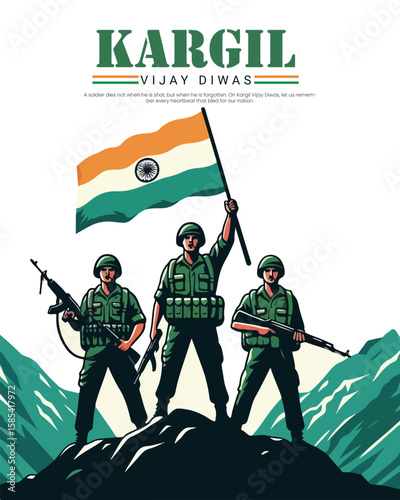 Kargil Vijay Diwas tribute design honoring Indian Army's bravery and sacrifice. Perfect for patriotic themes, military remembrance, and national days.
