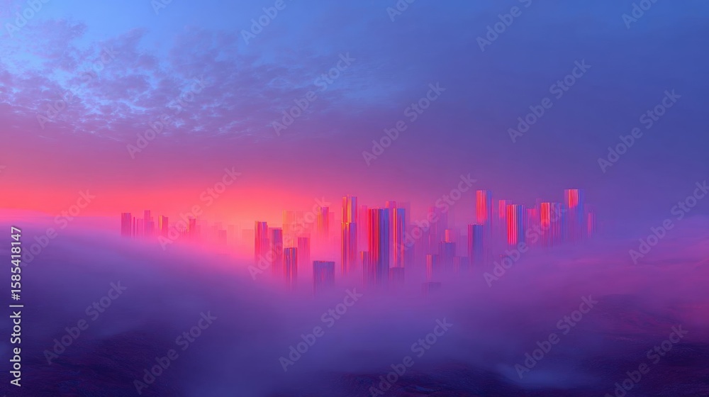 Fototapeta premium Digital art piece that appears to be a cityscape at sunrise or sunset. the sky is a gradient of pink and blue, with the sun partially visible in the top left corner.