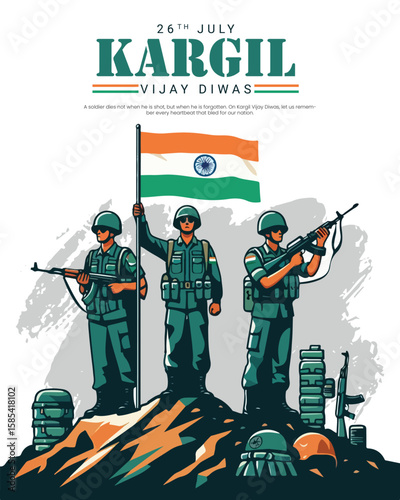 Kargil Vijay Diwas tribute design honoring Indian Army's bravery and sacrifice. Perfect for patriotic themes, military remembrance, and national days.
