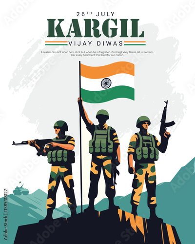 Kargil Vijay Diwas tribute design honoring Indian Army's bravery and sacrifice. Perfect for patriotic themes, military remembrance, and national days.
