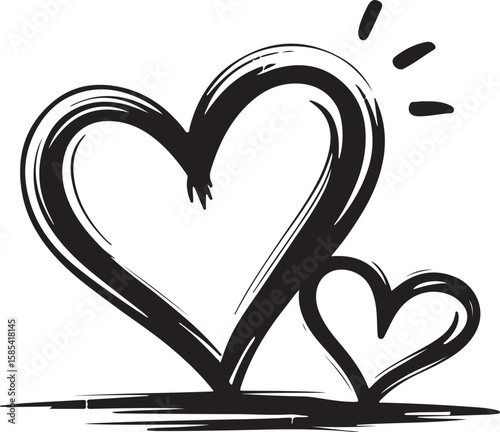 Two hand drawn black hearts with a radiating glow on a white background