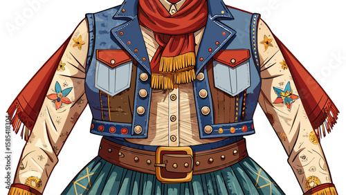 The Wyoming frontier woman’s dress, with denim skirts, leather vests, and kerchiefs, speaks to rugged spirit, perfect for an adventurous Americana-themed vector.