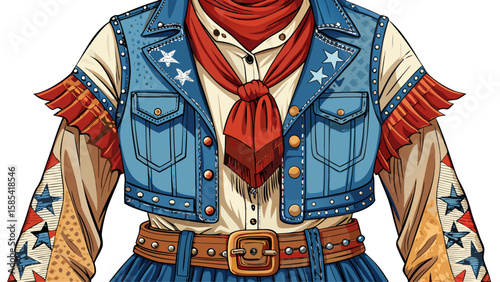 The Wyoming frontier woman’s dress, with denim skirts, leather vests, and kerchiefs, speaks to rugged spirit, perfect for an adventurous Americana-themed vector.