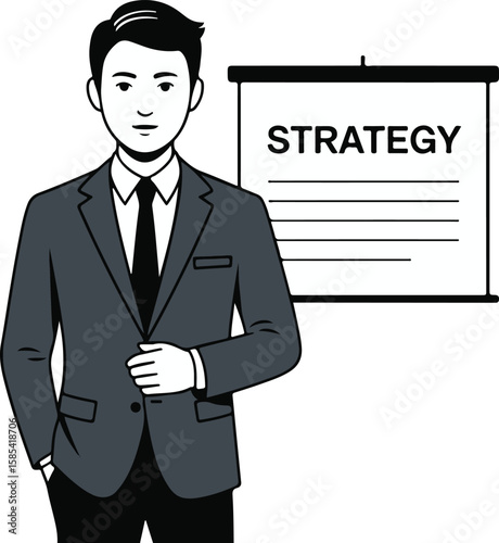 Businessman in suit presents strategy on whiteboard with bullet points