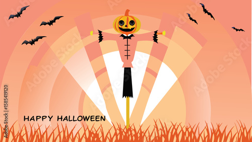 A halloween scene featuring a scarecrow with a pumpkin head and bats flying against an orange background
