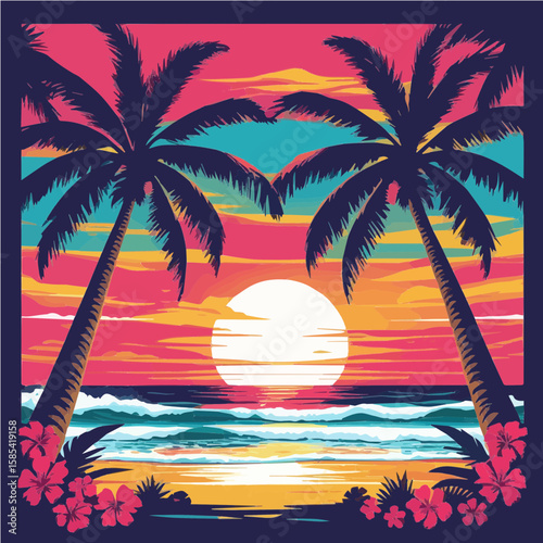 Tropical Sunset Beach Vector Illustration with Palm Trees, Ocean Waves and Vibrant Sky
