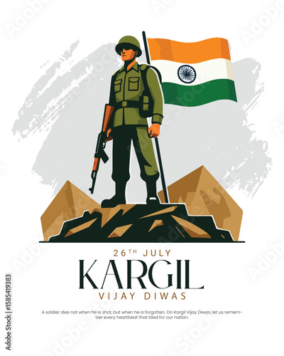 Kargil Vijay Diwas tribute design honoring Indian Army's bravery and sacrifice. Perfect for patriotic themes, military remembrance, and national days.

