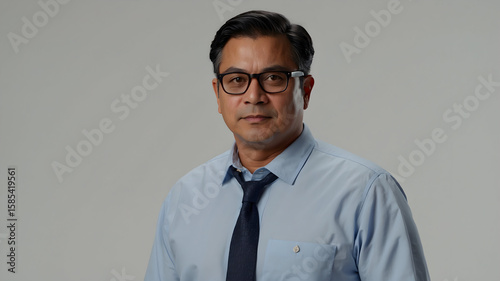 A serious man in a shirt and tie with glasses looks directly at the camera with a plain background.