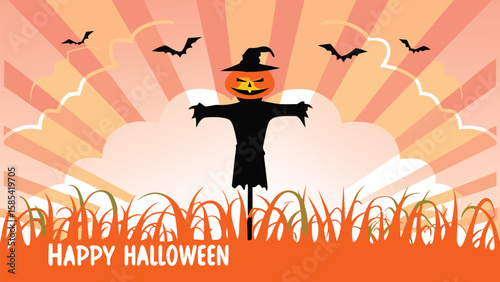 Illustration of a halloween scarecrow with a pumpkin head and bats flying in a sunset background scene