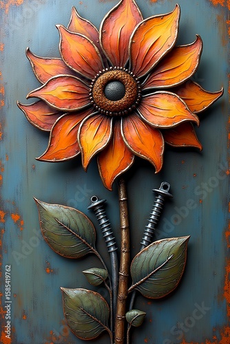 A metal plate with a beautiful red flower painted on it