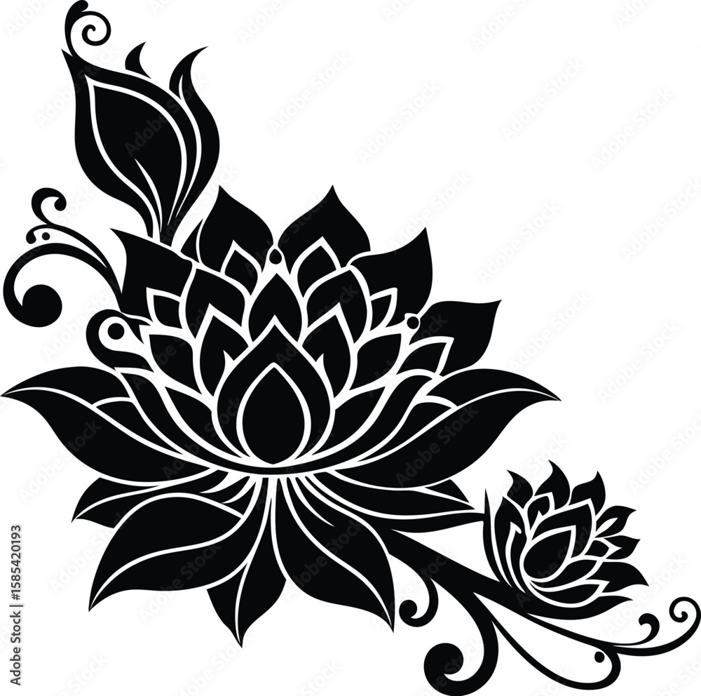 Decorative Lotus Floral Corner Silhouette Decorative Lotus Floral Corner Silhouette