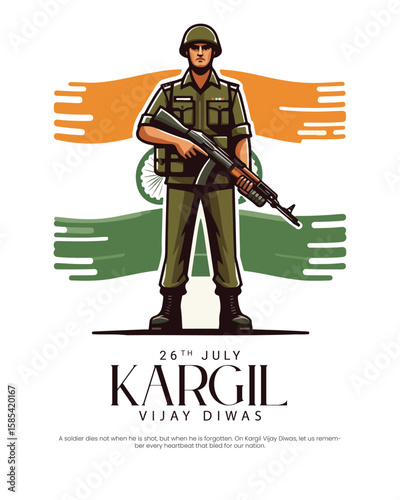 Kargil Vijay Diwas tribute design honoring Indian Army's bravery and sacrifice. Perfect for patriotic themes, military remembrance, and national days.
