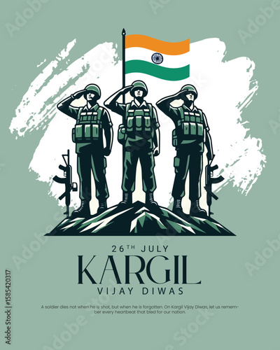 Kargil Vijay Diwas tribute design honoring Indian Army's bravery and sacrifice. Perfect for patriotic themes, military remembrance, and national days.
