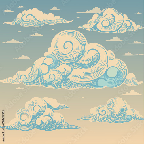 Vintage cloud sketch set for design and decoration