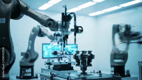 Wallpaper Mural Futuristic laboratory with robotic arms assembling objects, white sterile environment, glowing blue interfaces, fast-paced timelapse Torontodigital.ca