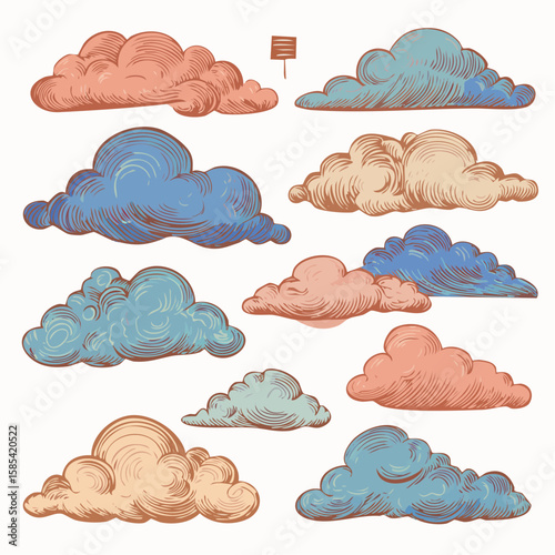 Vintage cloud sketch set for design and decoration