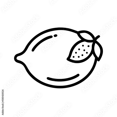 Line art illustration of a lemon with a leaf and texture details  