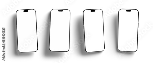 Smartphone set with blank screen, positioned diagonally, casting shadows on a white background. CGI mobile phone mockup