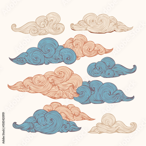 Vintage cloud sketch set for design and decoration